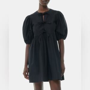 Ganni Black Cotton Poplin Tie String Mini Dress Puff Sleeve Size Large